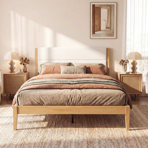 English Elm Mid-century King Platform Bed Upholstered Tufted Headboard Solid Wood Slat Frame Natural N736K135556N