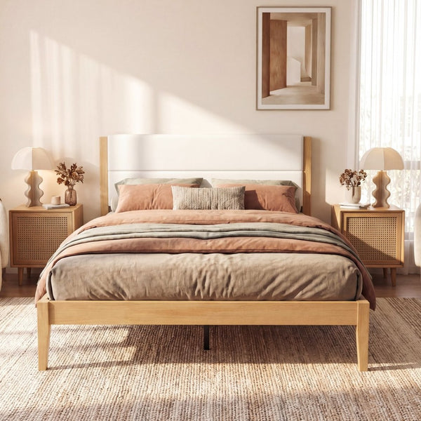 English Elm Mid-century King Platform Bed Upholstered Tufted Headboard Solid Wood Slat Frame Natural N736K135556N