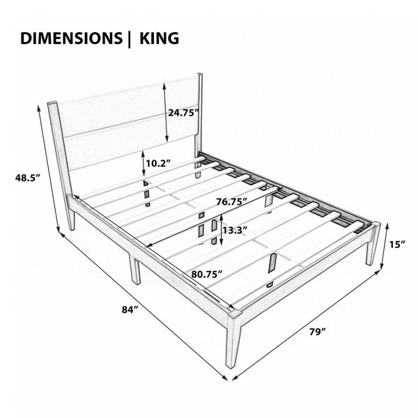 English Elm Mid-century King Platform Bed Upholstered Tufted Headboard Solid Wood Slat Frame Natural N736K135556N
