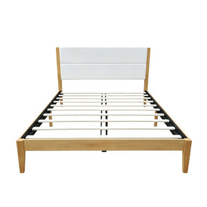 English Elm Mid-century King Platform Bed Upholstered Tufted Headboard Solid Wood Slat Frame Natural N736K135556N