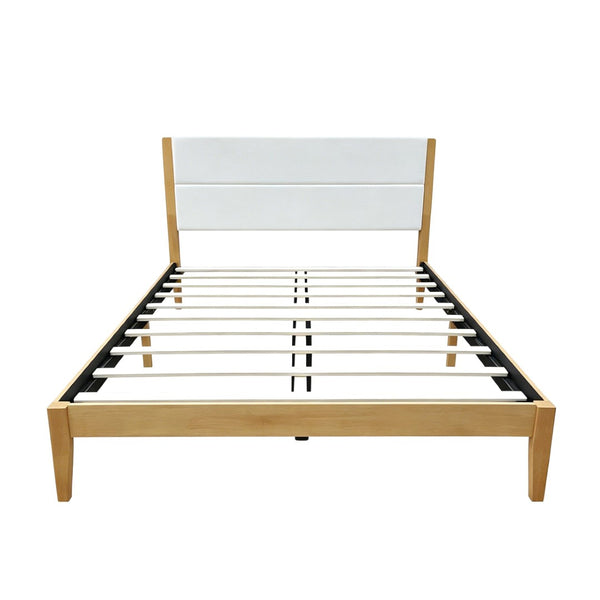English Elm Mid-century King Platform Bed Upholstered Tufted Headboard Solid Wood Slat Frame Natural N736K135556N