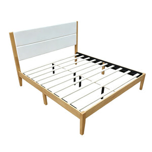English Elm Mid-century King Platform Bed Upholstered Tufted Headboard Solid Wood Slat Frame Natural N736K135556N