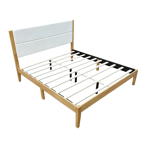 English Elm Mid-century King Platform Bed Upholstered Tufted Headboard Solid Wood Slat Frame Natural N736K135556N