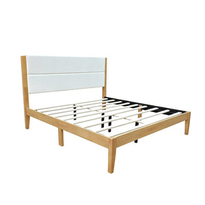 English Elm Mid-century King Platform Bed Upholstered Tufted Headboard Solid Wood Slat Frame Natural N736K135556N