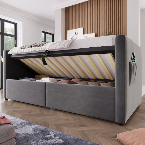 English Elm Upholstered King Platform Bed Chenille Pillow Headboard Low Profile Modern Bedroom Gray 81 L x 44 W x 30 H N736P303402G-1