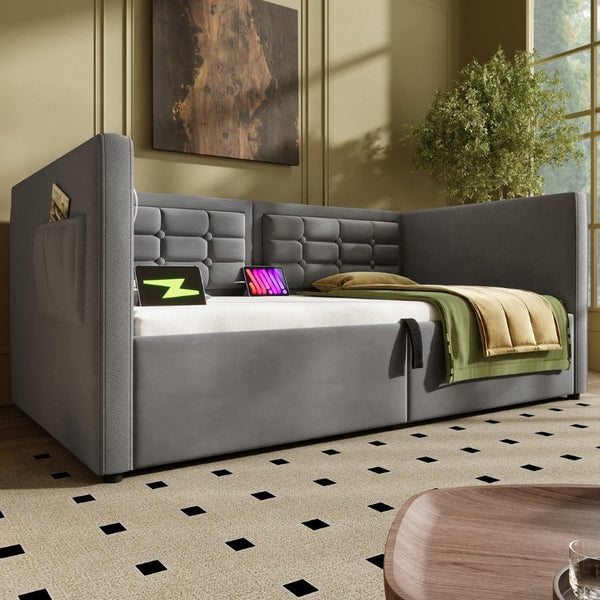English Elm Upholstered King Platform Bed Chenille Pillow Headboard Low Profile Modern Bedroom Gray 81 L x 44 W x 30 H N736P303402G-1