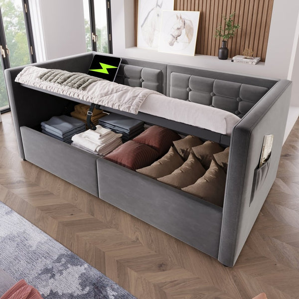 English Elm Upholstered Twin Velvet Daybed with Hydraulic Storage and Built-in Usb Charging Port N736P303402G