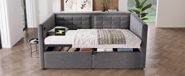 English Elm Upholstered Twin Velvet Daybed with Hydraulic Storage and Built-in Usb Charging Port N736P303402G