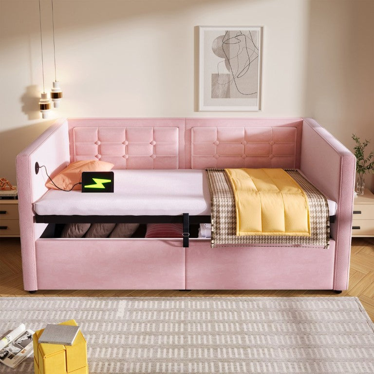 English Elm Upholstered King Platform Bed Chenille Pillow Headboard Low Profile Modern Bedroom Pink 81 L x 44 W x 30 H N736P303402P-1