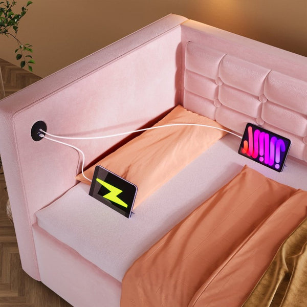 English Elm Upholstered King Platform Bed Chenille Pillow Headboard Low Profile Modern Bedroom Pink 81 L x 44 W x 30 H N736P303402P-1