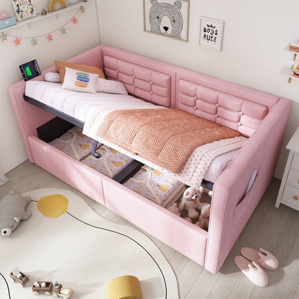 English Elm Upholstered King Platform Bed Chenille Pillow Headboard Low Profile Modern Bedroom Pink 81 L x 44 W x 30 H N736P303402P-1