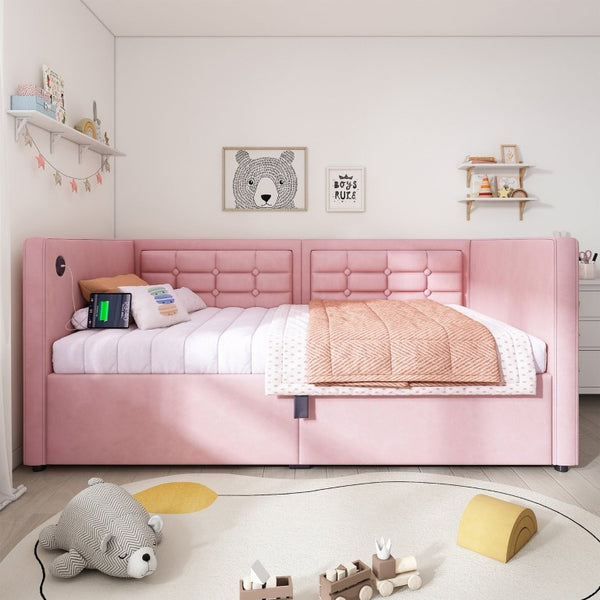 English Elm Upholstered King Platform Bed Chenille Pillow Headboard Low Profile Modern Bedroom Pink 81 L x 44 W x 30 H N736P303402P-1