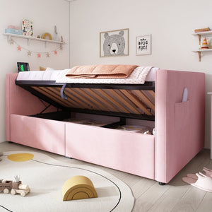 English Elm Upholstered King Platform Bed Chenille Pillow Headboard Low Profile Modern Bedroom Pink 81 L x 44 W x 30 H N736P303402P-1