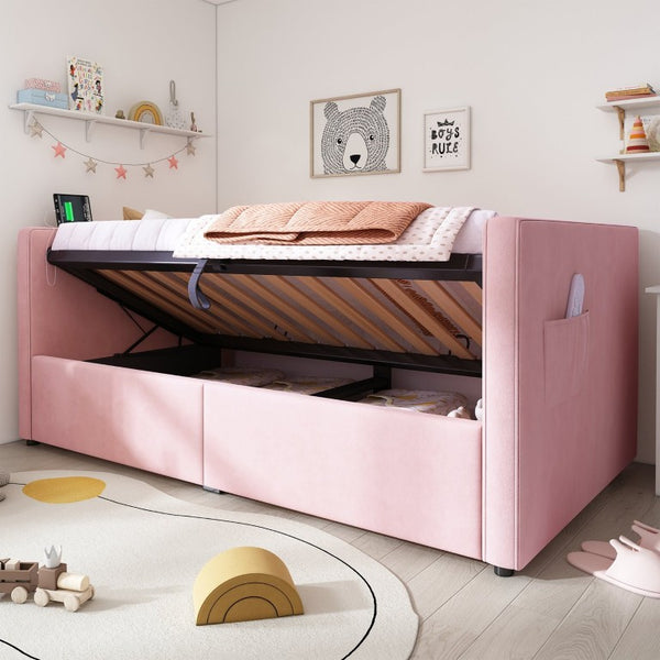 English Elm Upholstered King Platform Bed Chenille Pillow Headboard Low Profile Modern Bedroom Pink 81 L x 44 W x 30 H N736P303402P-1
