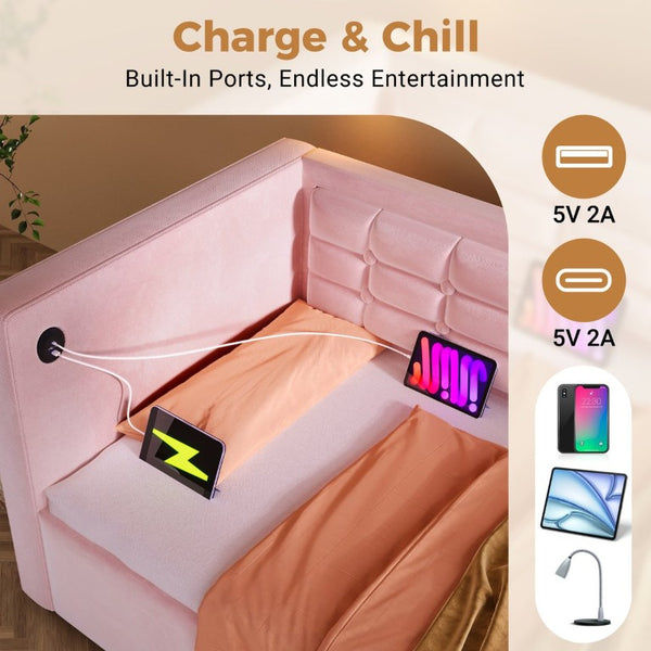 English Elm Upholstered King Platform Bed Chenille Pillow Headboard Low Profile Modern Bedroom Pink 81 L x 44 W x 30 H N736P303402P-1