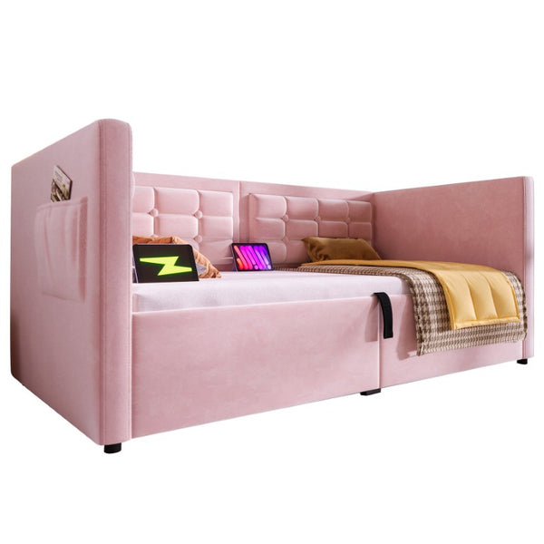 English Elm Upholstered King Platform Bed Chenille Pillow Headboard Low Profile Modern Bedroom Pink 81 L x 44 W x 30 H N736P303402P-1
