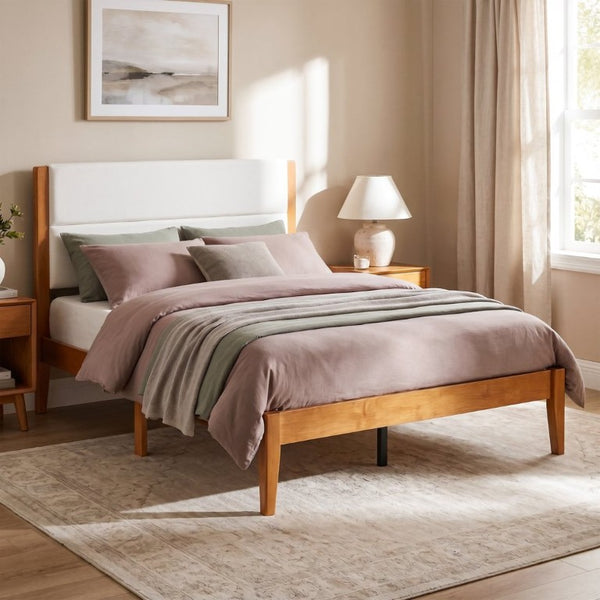 English Elm Mid-Century Modern Full Platform Bed Tufted Upholstered Headboard Solid Wood Slats N736P427759B