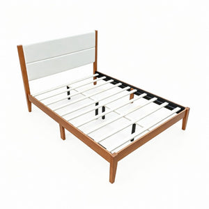 English Elm Mid-Century Modern Full Platform Bed Tufted Upholstered Headboard Solid Wood Slats N736P427759B