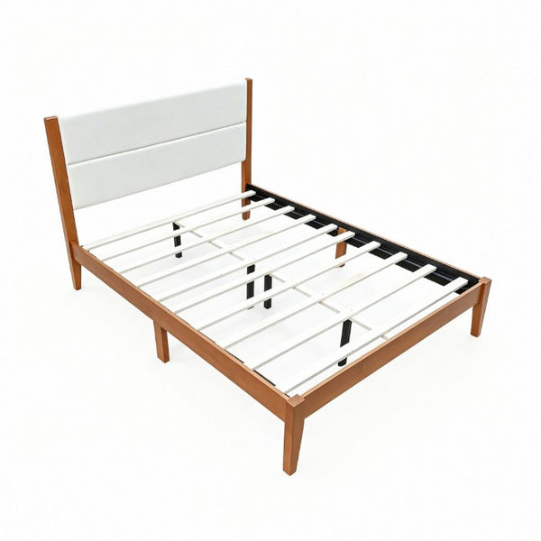 English Elm Mid-Century Modern Full Platform Bed Tufted Upholstered Headboard Solid Wood Slats N736P427759B
