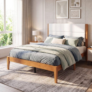 English Elm Mid-Century Modern Full Platform Bed Tufted Upholstered Headboard Solid Wood Slats N736P427759B