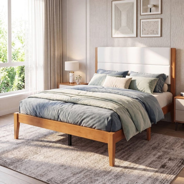 English Elm Mid-Century Modern Full Platform Bed Tufted Upholstered Headboard Solid Wood Slats N736P427759B