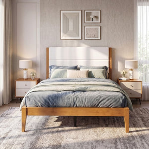 English Elm Mid-Century Modern Full Platform Bed Tufted Upholstered Headboard Solid Wood Slats N736P427759B