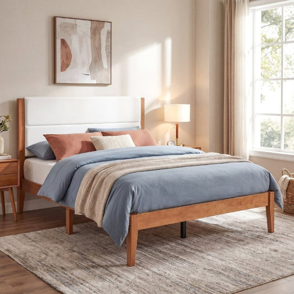 English Elm Mid-Century Modern Full Platform Bed Tufted Upholstered Headboard Solid Wood Slats N736P427759B