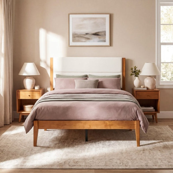 English Elm Mid-Century Modern Full Platform Bed Tufted Upholstered Headboard Solid Wood Slats N736P427759B