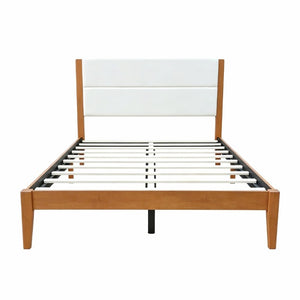 English Elm Mid-Century Modern Full Platform Bed Tufted Upholstered Headboard Solid Wood Slats N736P427759B