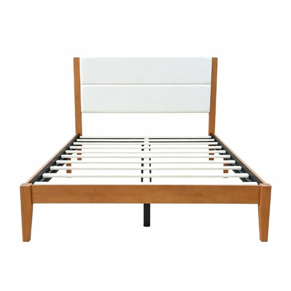 English Elm Mid-Century Modern Full Platform Bed Tufted Upholstered Headboard Solid Wood Slats N736P427759B