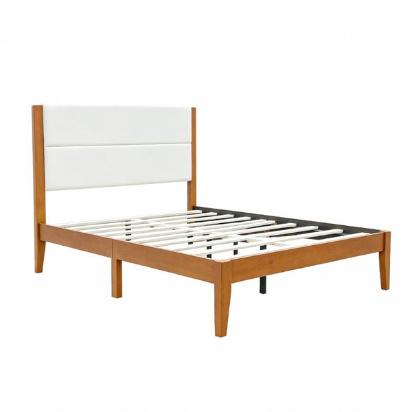 English Elm Mid-Century Modern Full Platform Bed Tufted Upholstered Headboard Solid Wood Slats N736P427759B