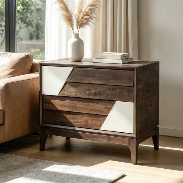 English Elm Modern Japandi Nightstand Two Drawer Geometric Patchwork Facade Tapered Legs Bedroom Brown N736P432628D