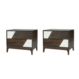 English Elm Modern Japandi Nightstand Two Drawer Geometric Patchwork Facade Tapered Legs Bedroom Brown N736P432628D