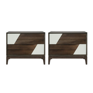 English Elm Modern Japandi Nightstand Two Drawer Geometric Patchwork Facade Tapered Legs Bedroom Brown N736P432628D