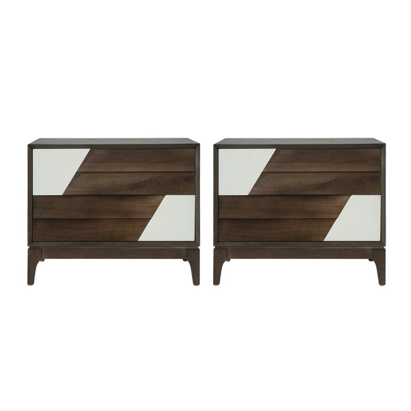 English Elm Modern Japandi Nightstand Two Drawer Geometric Patchwork Facade Tapered Legs Bedroom Brown N736P432628D