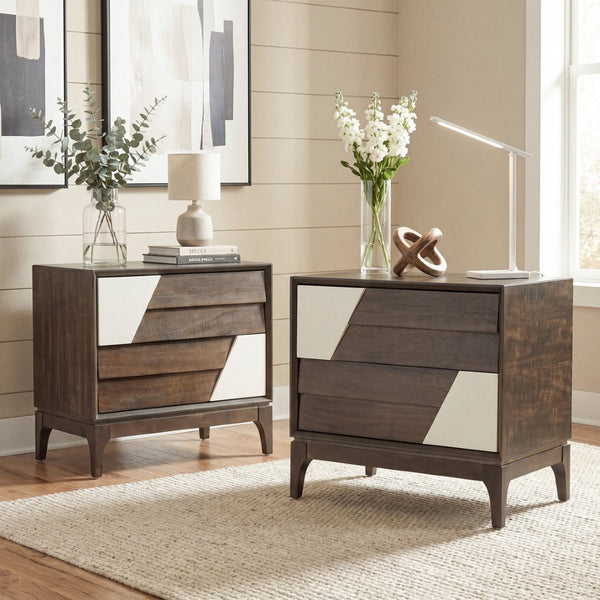 English Elm Modern Japandi Nightstand Two Drawer Geometric Patchwork Facade Tapered Legs Bedroom Brown N736P432628D