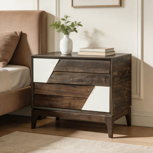 English Elm Modern Japandi Nightstand Two Drawer Geometric Patchwork Facade Tapered Legs Bedroom Brown N736P432628D