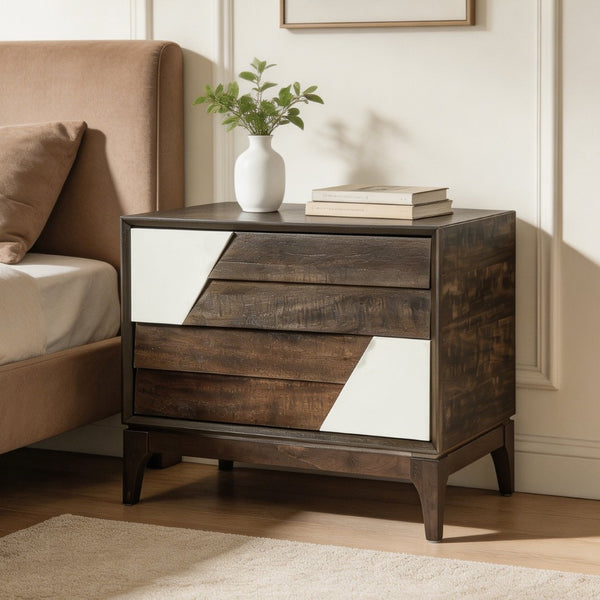 English Elm Modern Japandi Nightstand Two Drawer Geometric Patchwork Facade Tapered Legs Bedroom Brown N736P432628D