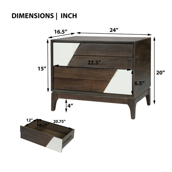 English Elm Modern Japandi Nightstand Two Drawer Geometric Patchwork Facade Tapered Legs Bedroom Brown N736P432628D