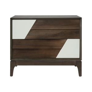 English Elm Modern Japandi Nightstand Two Drawer Geometric Patchwork Facade Tapered Legs Bedroom Brown N736P432628D