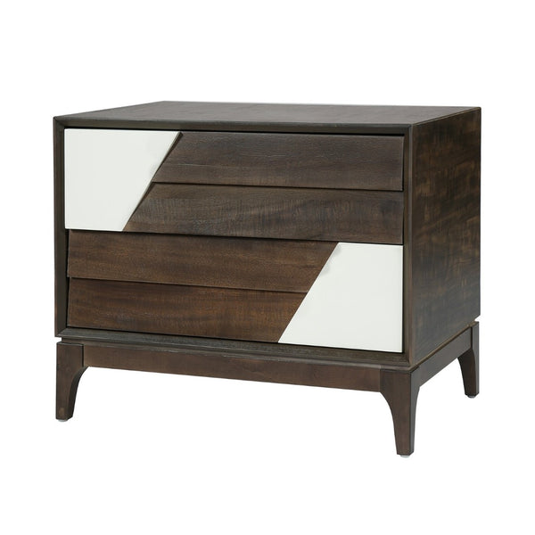 English Elm Modern Japandi Nightstand Two Drawer Geometric Patchwork Facade Tapered Legs Bedroom Brown N736P432628D