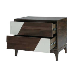 English Elm Modern Japandi Nightstand Two Drawer Geometric Patchwork Facade Tapered Legs Bedroom Brown N736P432628D