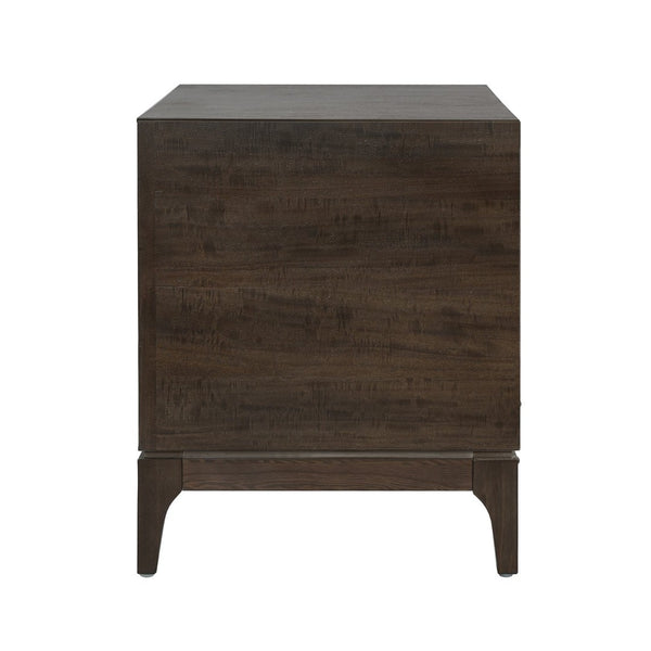 English Elm Modern Japandi Nightstand Two Drawer Geometric Patchwork Facade Tapered Legs Bedroom Brown N736P432628D