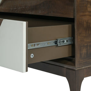 English Elm Modern Japandi Nightstand Two Drawer Geometric Patchwork Facade Tapered Legs Bedroom Brown N736P432628D