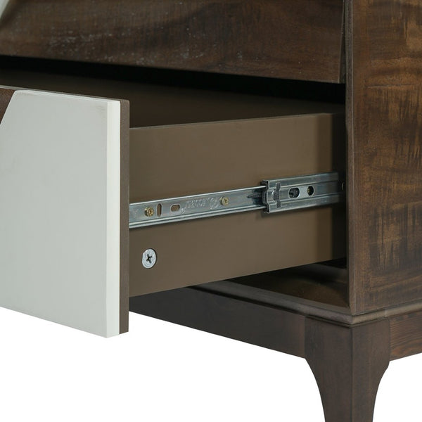 English Elm Modern Japandi Nightstand Two Drawer Geometric Patchwork Facade Tapered Legs Bedroom Brown N736P432628D