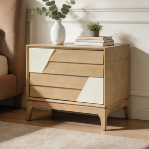 English Elm Modern Japandi Nightstand Two Drawer Geometric Patchwork Facade Tapered Legs Bedroom Natural N736P432628N