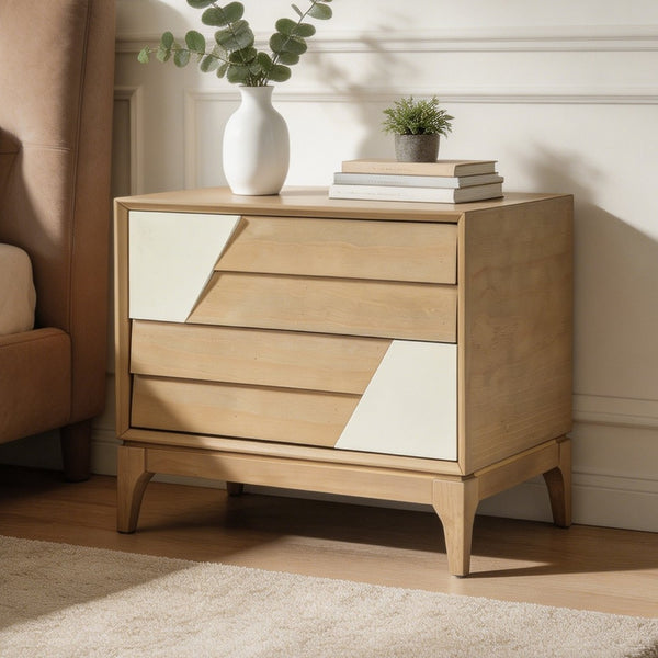 English Elm Modern Japandi Nightstand Two Drawer Geometric Patchwork Facade Tapered Legs Bedroom Natural N736P432628N