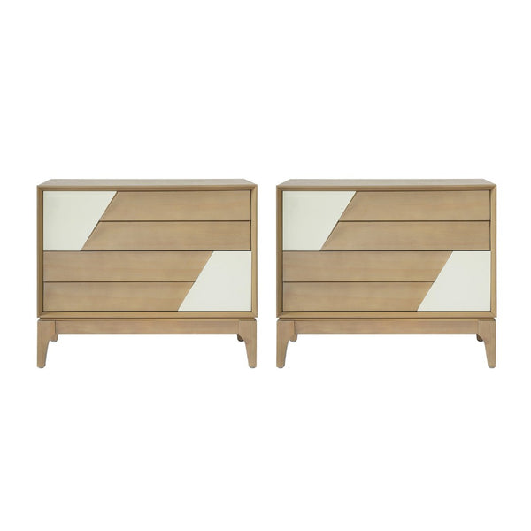 English Elm Modern Japandi Nightstand Two Drawer Geometric Patchwork Facade Tapered Legs Bedroom Natural N736P432628N