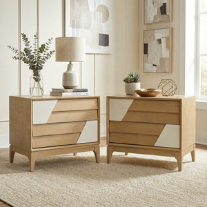 English Elm Modern Japandi Nightstand Two Drawer Geometric Patchwork Facade Tapered Legs Bedroom Natural N736P432628N