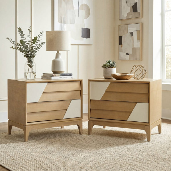 English Elm Modern Japandi Nightstand Two Drawer Geometric Patchwork Facade Tapered Legs Bedroom Natural N736P432628N